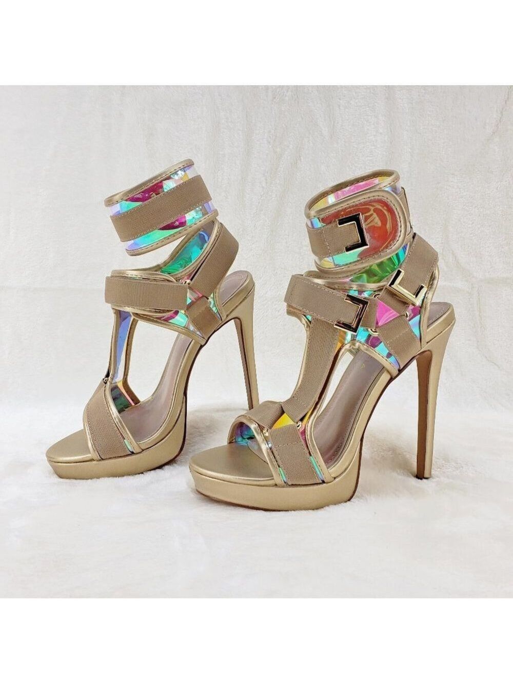 Scorpio Sexy Mini Platform 5" High Heel Harness Strap Shoes Gold